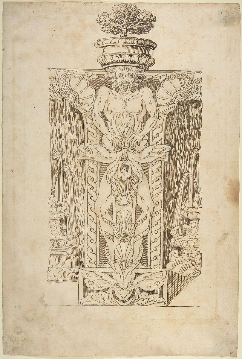 Design for a Wall Fountain, Anonymous, Italian, Lombard, 16th century, Pen and brown ink, brush and light brown wash, over leadpoint, with ruled construction 