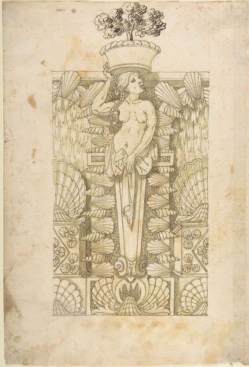 Design for a Wall Fountain, Anonymous, Italian, Lombard, 16th century, Pen and brown ink, brush and green wash, over leadpoint or graphite  with ruled construction; framing lines in leadpoint or graphite 