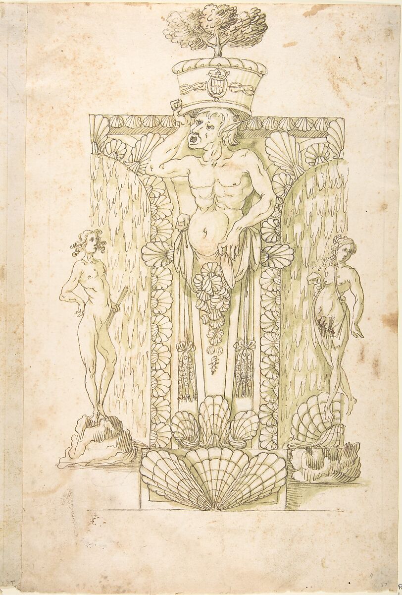 Design for a Wall Fountain, Anonymous, Italian, Lombard, 16th century, Pen and brown ink, brush and green wash, over leadpoint or graphite, with ruled and compass construction; framing outlines in leadpoint or graphite 