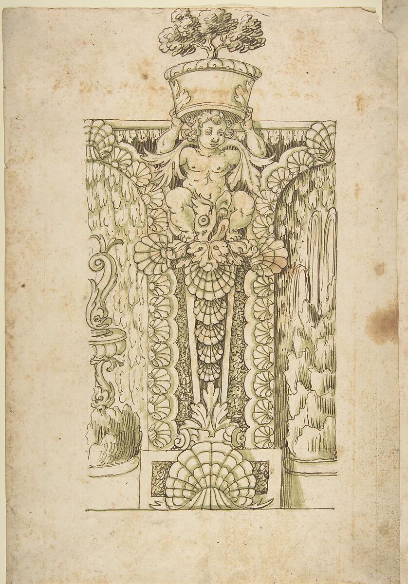 Design for a Wall Fountain, Anonymous, Italian, Lombard, 16th century, Pen and brown ink, brush and green wash, over lead point or graphite underdrawing; framing outlines in lead point or graphite 