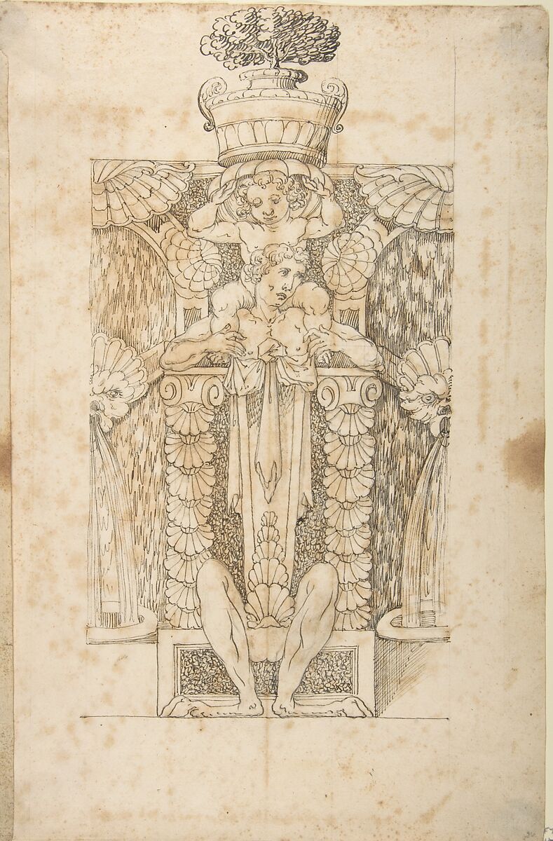 Design for a Wall Fountain, Anonymous, Italian, Lombard, 16th century, Pen and gray-brown ink over leadpoint or graphite; framing lines in lead point or graphite 