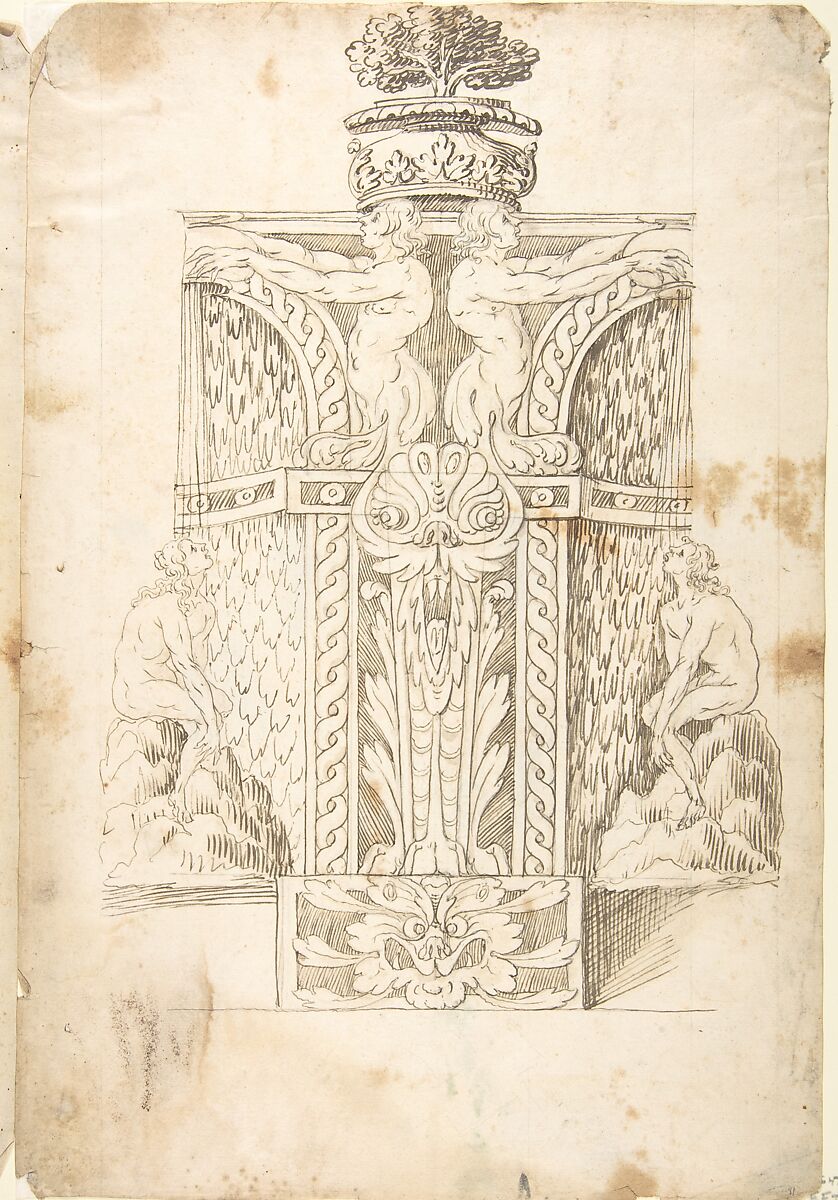 Design for a Wall Fountain, Anonymous, Italian, Lombard, 16th century, Pen and brown ink, brush and  light brown wash over leadpoint underdrawing and ruled lines 