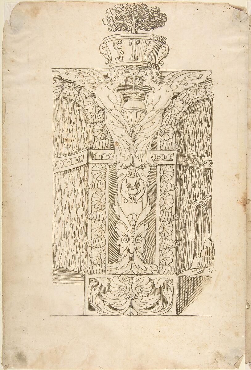 Design for a Wall Fountain, Anonymous, Italian, Lombard, 16th century, Pen and brown ink, brush and light brown wash, over leadpoint, with ruled construction and framing outlines 