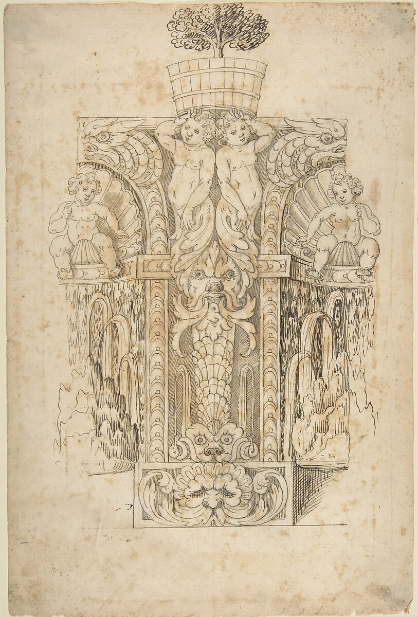 Design for a Wall Fountain, Anonymous, Italian, Lombard, 16th century, Pen and brown ink, brush and light brown wash over leadpoint 