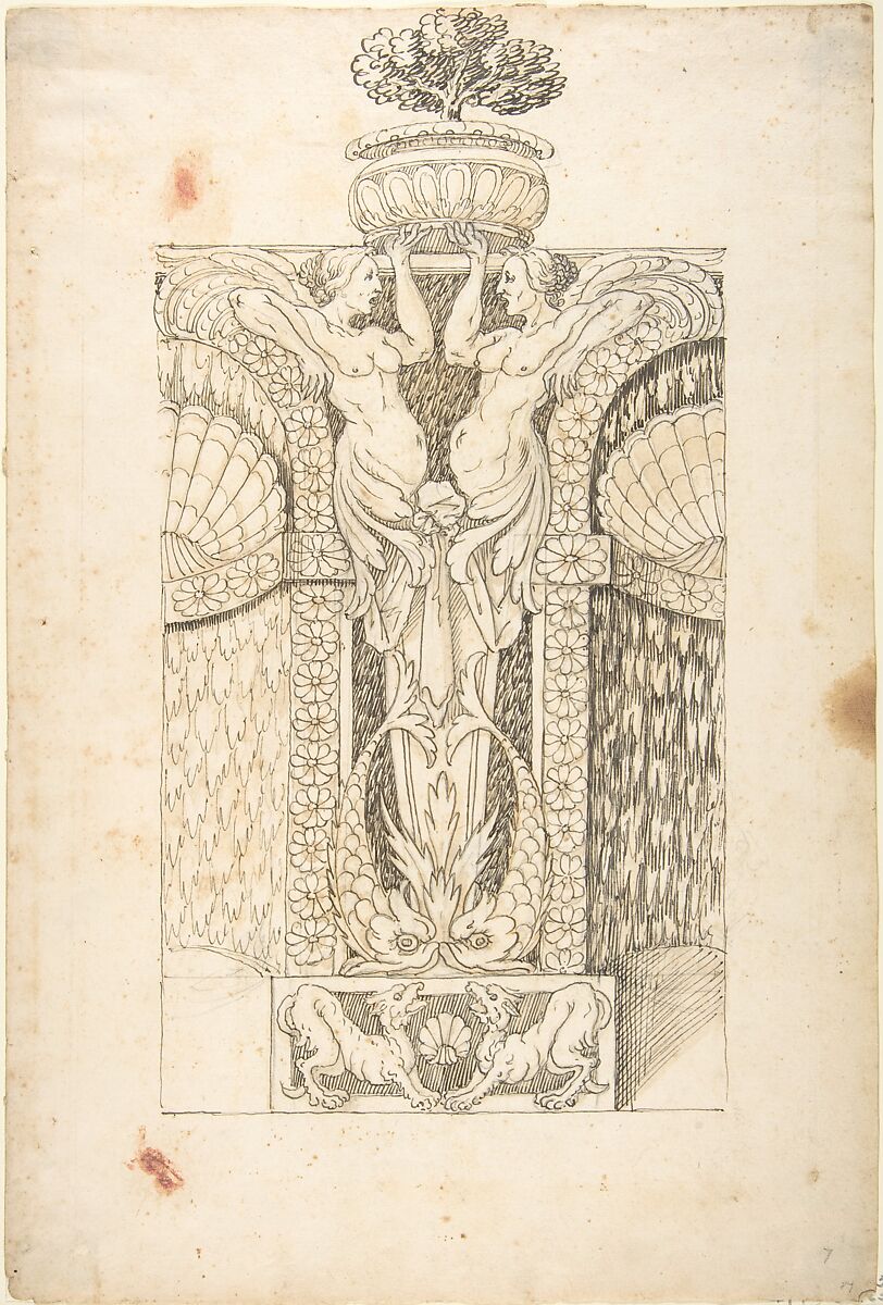 Design for a Wall Fountain, Anonymous, Italian, Lombard, 16th century, Pen and brown ink, brush and very light brown wash over leadpoint, with ruled construction and framing lines 