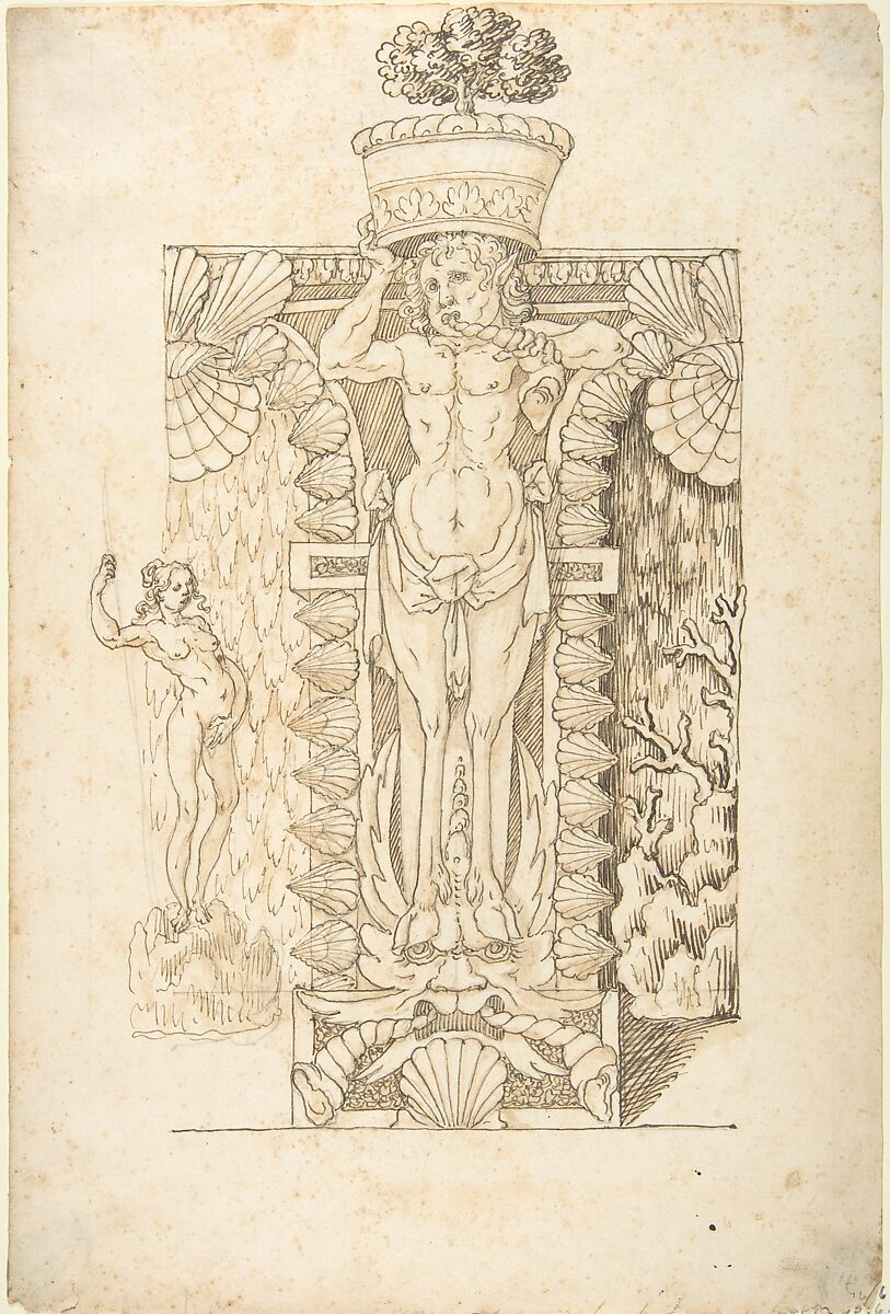 Design for a Wall Fountain, Anonymous, Italian, Lombard, 16th century, Pen and brown-gray ink over leadpoint, with ruled construction 