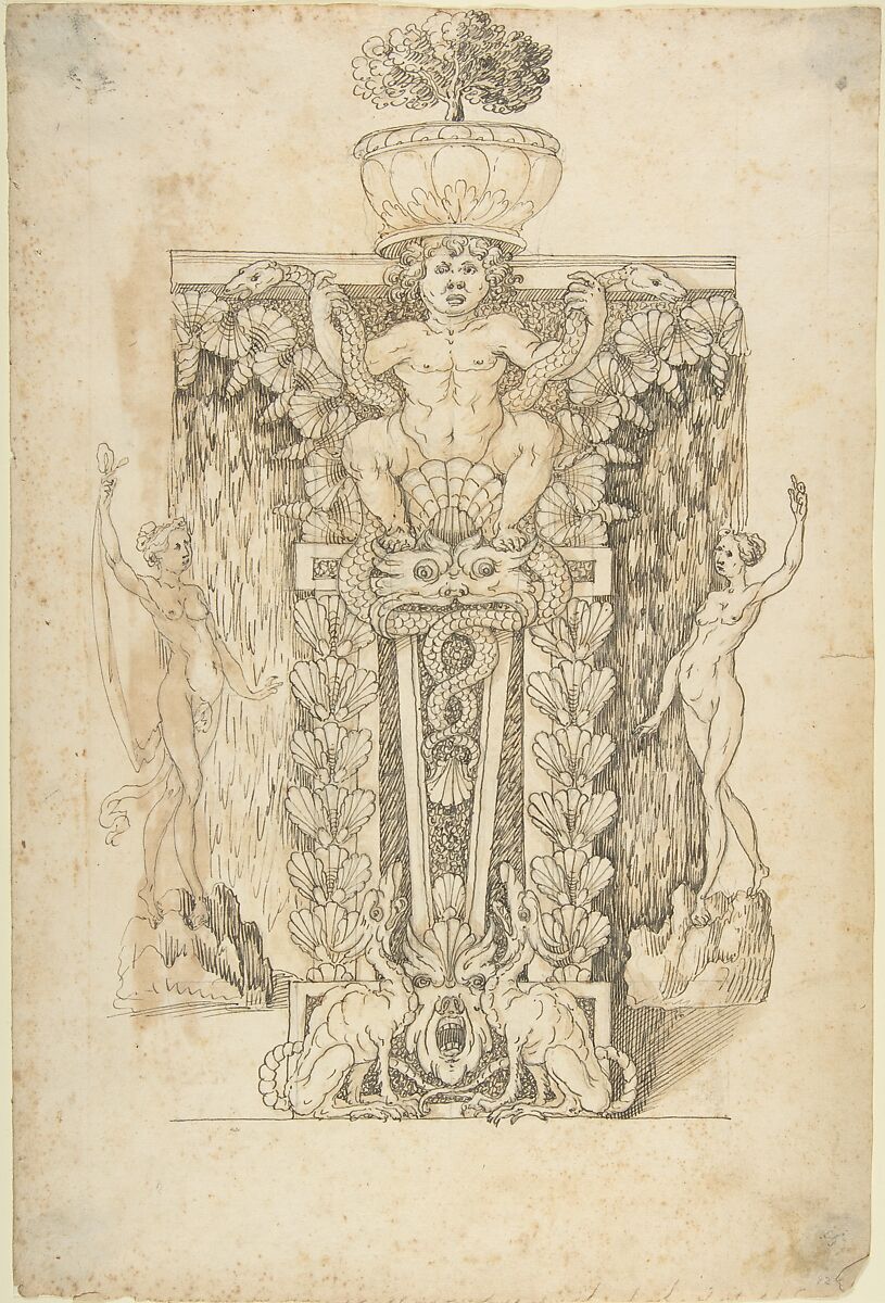 Design for a Wall Fountain, Anonymous, Italian, Lombard, 16th century, Pen and brown-gray ink over leadpoint or graphite, with ruled construction; framing lines in leadpoint or graphite 