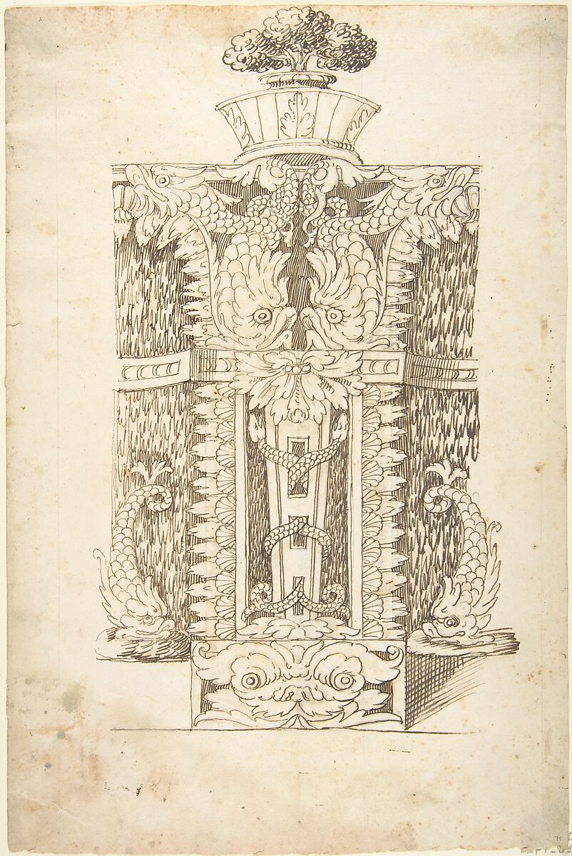 Design for a Wall Fountain, Anonymous, Italian, Lombard, 16th century, Pen and brown ink over leadpoint or graphite, with ruled construction; framing lines in leadpoint or graphite 