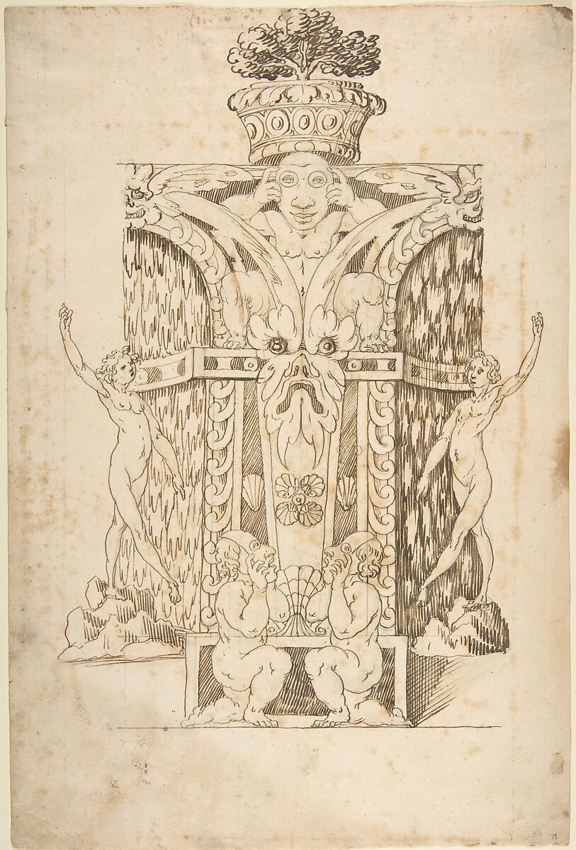 Design for a Wall Fountain, Anonymous, Italian, Lombard, 16th century, Pen and brown ink over leadpoint or graphite; framing outlines in leadpoint or graphite 