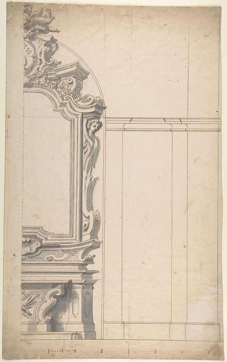 Design for one half of an Altar with a Pilastered Wall at the Right, Anonymous, Italian, Piedmontese, 18th century, Pen and brown ink, brush and gray wash, over graphite, with ruled and compass construction. Scales at bottom in pen and brown ink; framing lines in pen and brown ink 