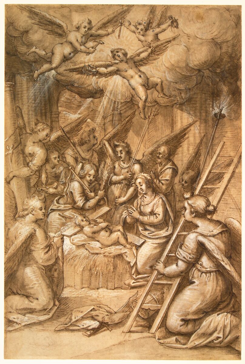 The Christ Child Adored by Angels, Gottfried de Wedig (German, Cologne 1583–1641 Cologne), Black chalk, pen and brown ink and wash and white heightening