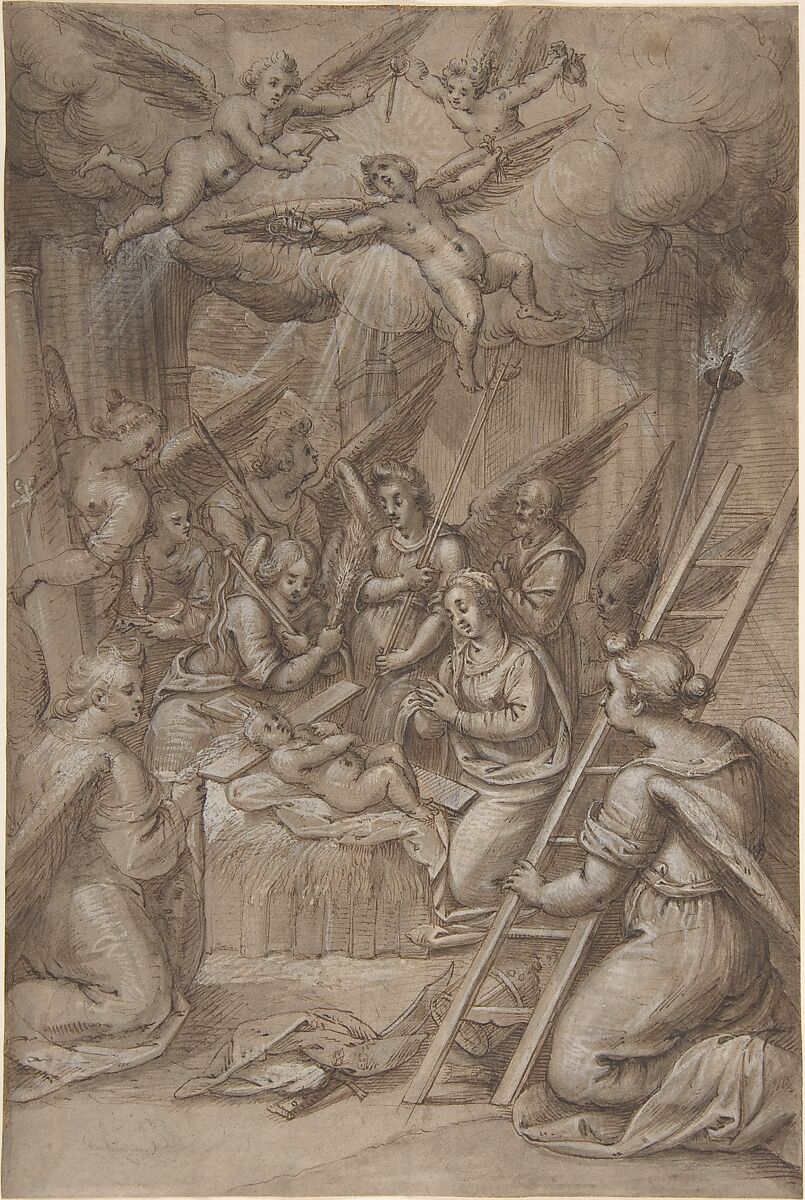 The Christ Child Adored by Angels, Gottfried de Wedig (German, Cologne 1583–1641 Cologne), Black chalk, pen and brown ink and wash and white heightening 