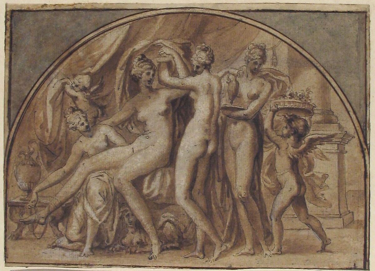 The Toilet of Venus, Anonymous, French, School of Fontainebleau, 16th century, Pen and black ink, brush and brown and blue wash, heightened with white, framing lines in pen and brown ink