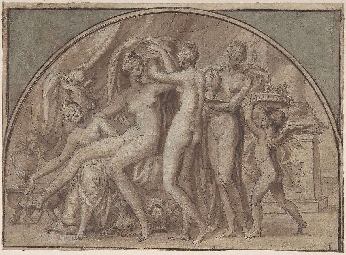 The Toilet of Venus, Anonymous, French, School of Fontainebleau, 16th century, Pen and black ink, brush and brown and blue wash, heightened with white, framing lines in pen and brown ink 