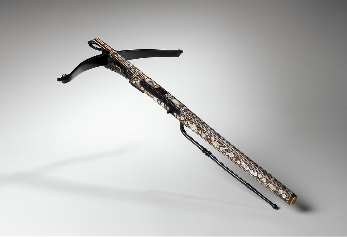 Crossbow, Steel, wood (Indian rosewood), staghorn, mother-of-pearl, probably British, possibly London