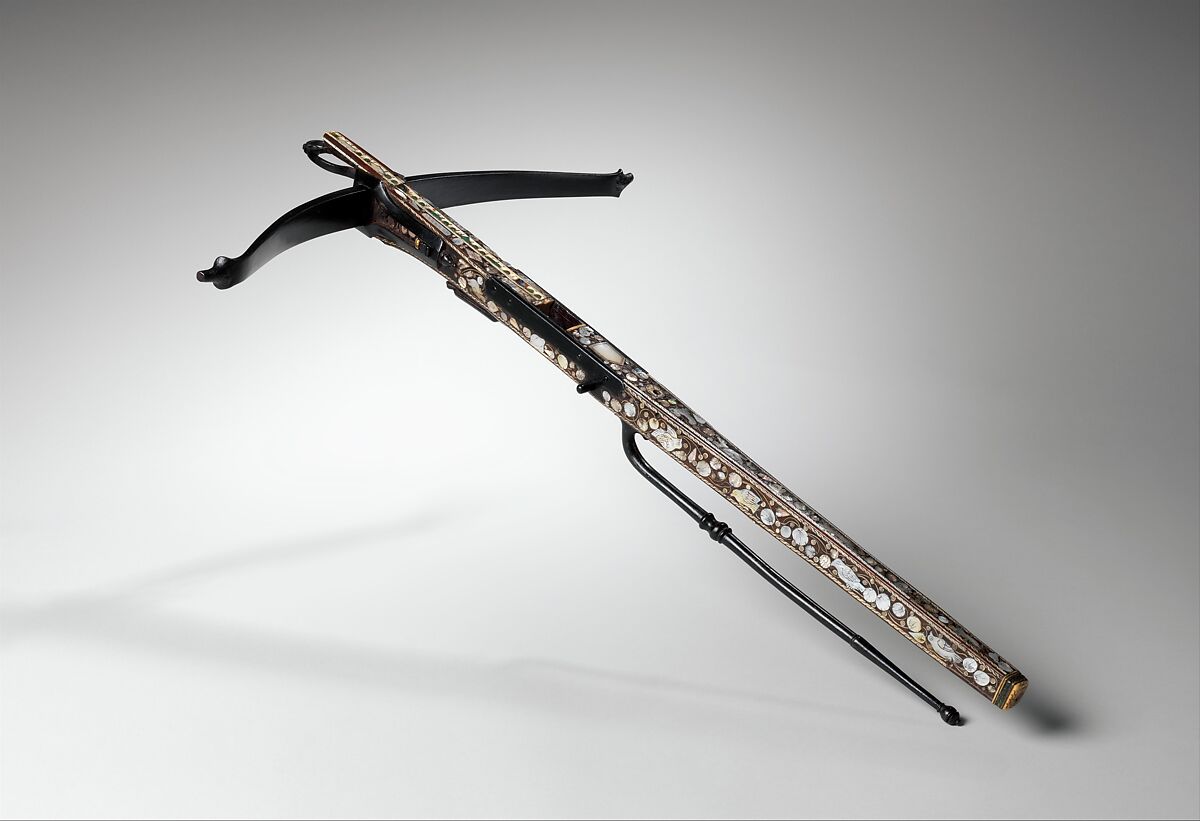 Crossbow, Steel, wood (Indian rosewood), staghorn, mother-of-pearl, probably British, possibly London 