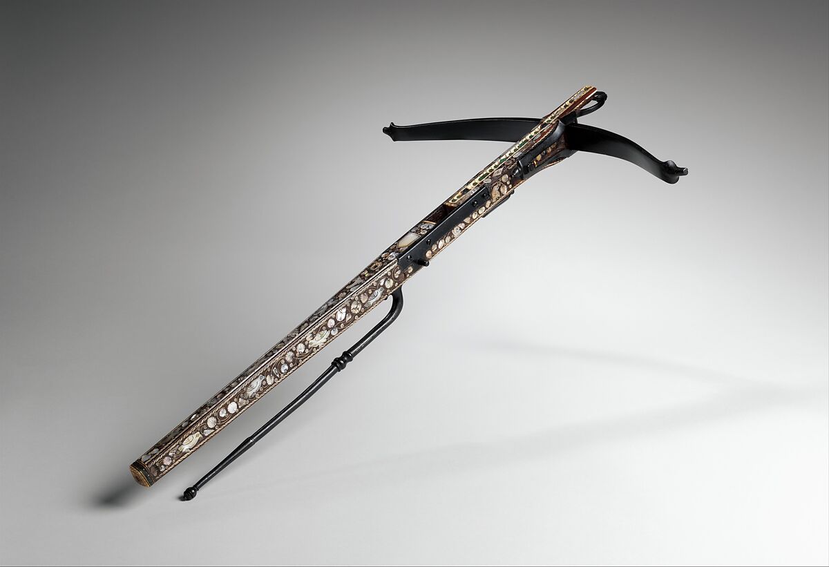 Crossbow, Steel, wood (Indian rosewood), staghorn, mother-of-pearl, probably British, possibly London