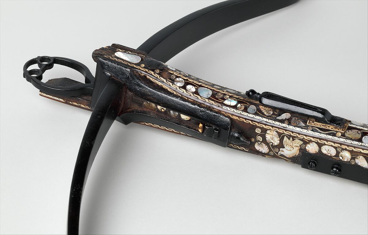 Crossbow, Steel, wood (Indian rosewood), staghorn, mother-of-pearl, probably British, possibly London