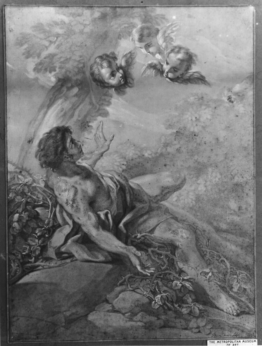 Saint Benedict on a Bed of Thorns, Benedetto Luti (Italian, Florence 1666–1724 Rome), Black chalk, brush and brown wash, highlighted with white, on brownish paper