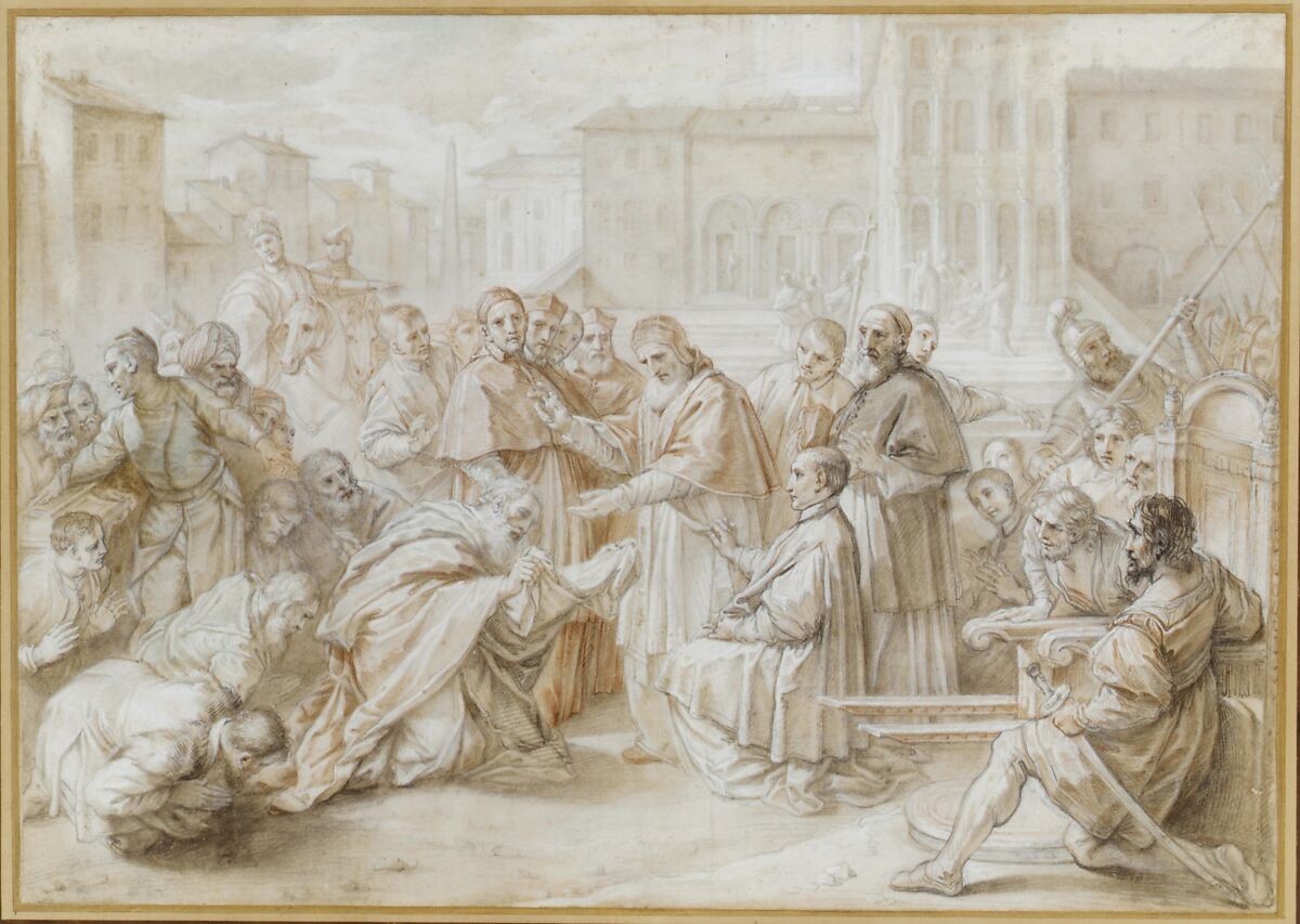 Pius V and the Ambassador of the King of Poland, Benedetto Luti (Italian, Florence 1666–1724 Rome), Black and red chalk, brush and brown wash, highlighted with white