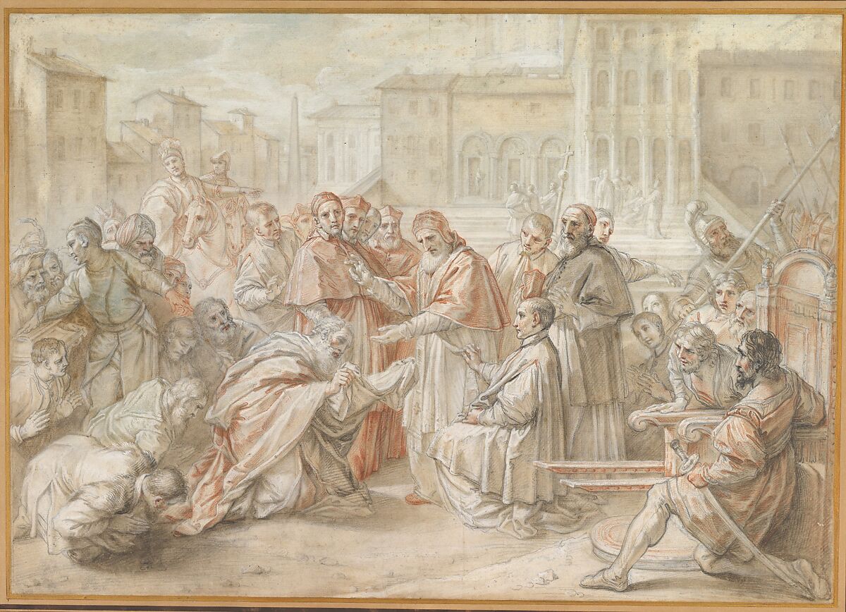 Pius V and the Ambassador of the King of Poland, Benedetto Luti  Italian, Black and red chalk, brush and brown wash, highlighted with white