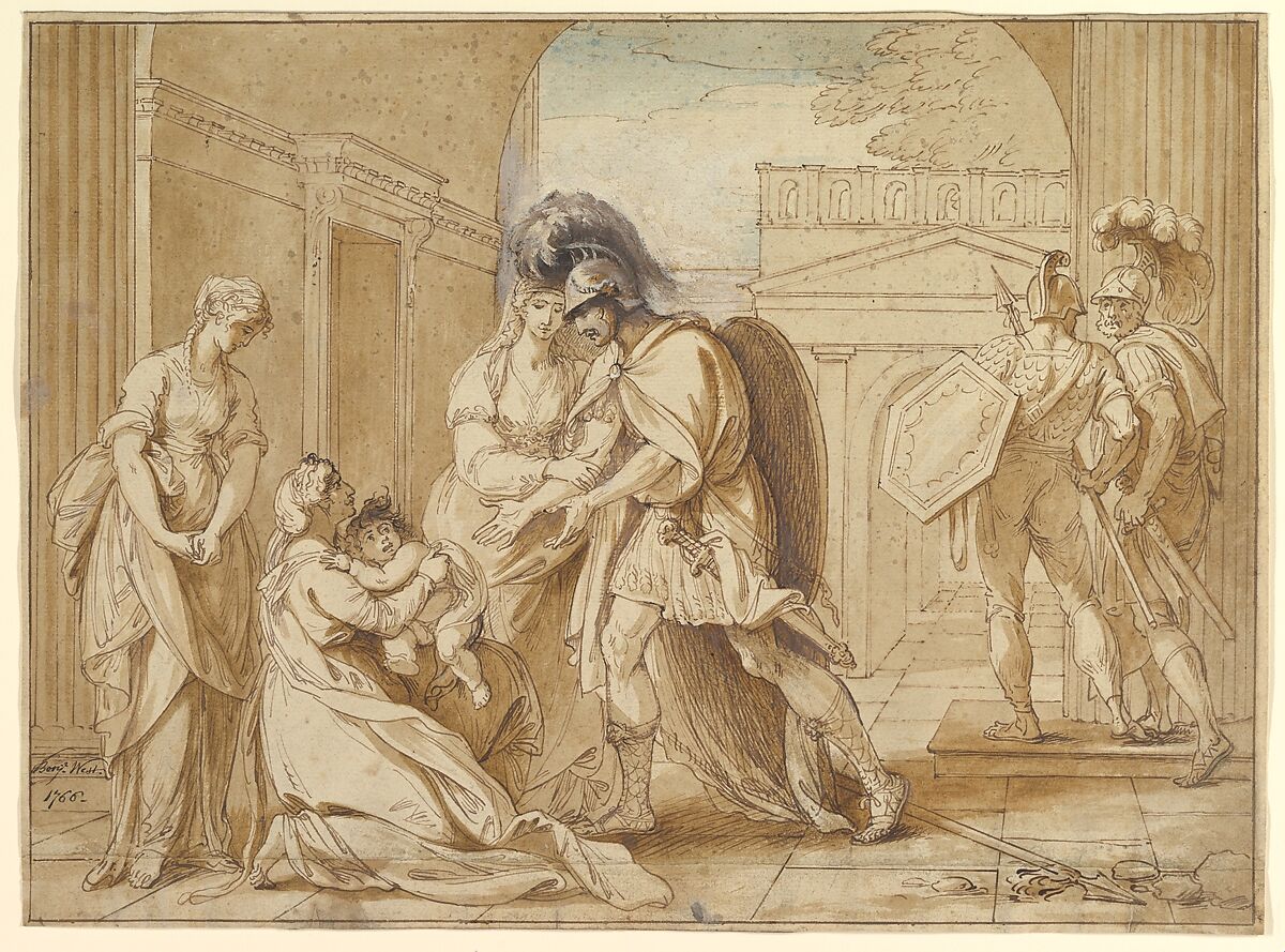 Hector taking leave of Andromache: the Fright of Astyanax, Benjamin West (American, Swarthmore, Pennsylvania 1738–1820 London), Pen and brown ink, brush and brown wash and blue watercolor, touches of gouache (bodycolor), over traces of black chalk 