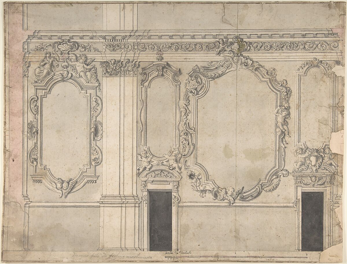Design for an Interior Wall Elevation, Anonymous, Italian, Piedmontese, 18th century, Pen and gray ink, brush with black, gray, pink, and yellow wash, over ruled and compass constructions in pen and gray ink; framing outlines in pen and brown ink; scale, below the design, in pen and black ink, brush and gray and pink wash 