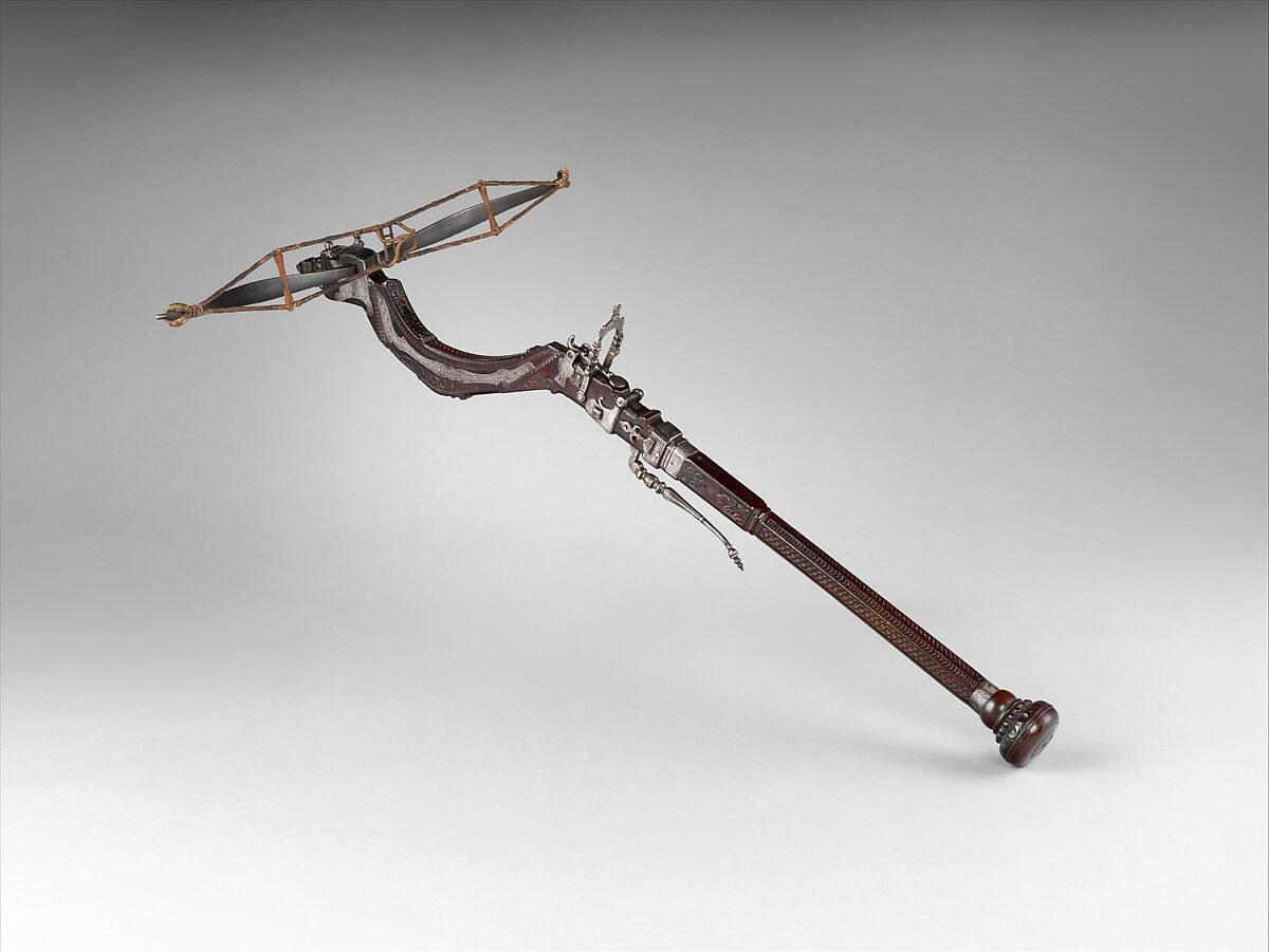 Pellet Crossbow, Steel, wood (rosewood), iron alloy, copper alloy, Italian or possibly Southern German 