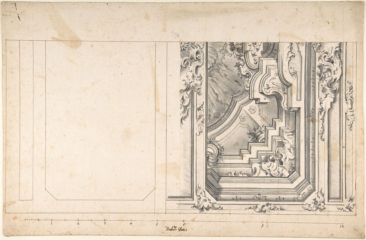 Design for One Quarter of a Ceiling, Anonymous, Italian, Piedmontese, 18th century, Pen and dark brown ink, brush and gray wash, over graphite or leadpoint, with ruled construction; scales, at bottom, in pen and brown ink 
