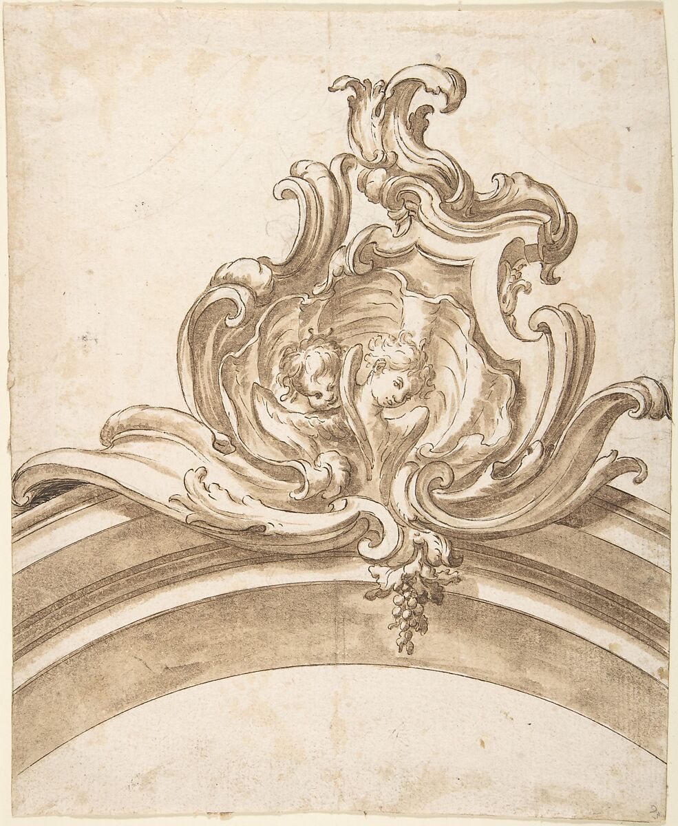 Design for a Cartouche with Two Putti Heads inside a Shell, Atop an Arch, Anonymous, Italian, Piedmontese, 18th century, Pen and brown ink, brush and brown wash, over leadpoint or graphite, with ruled construction (recto); black chalk sketches (verso) 