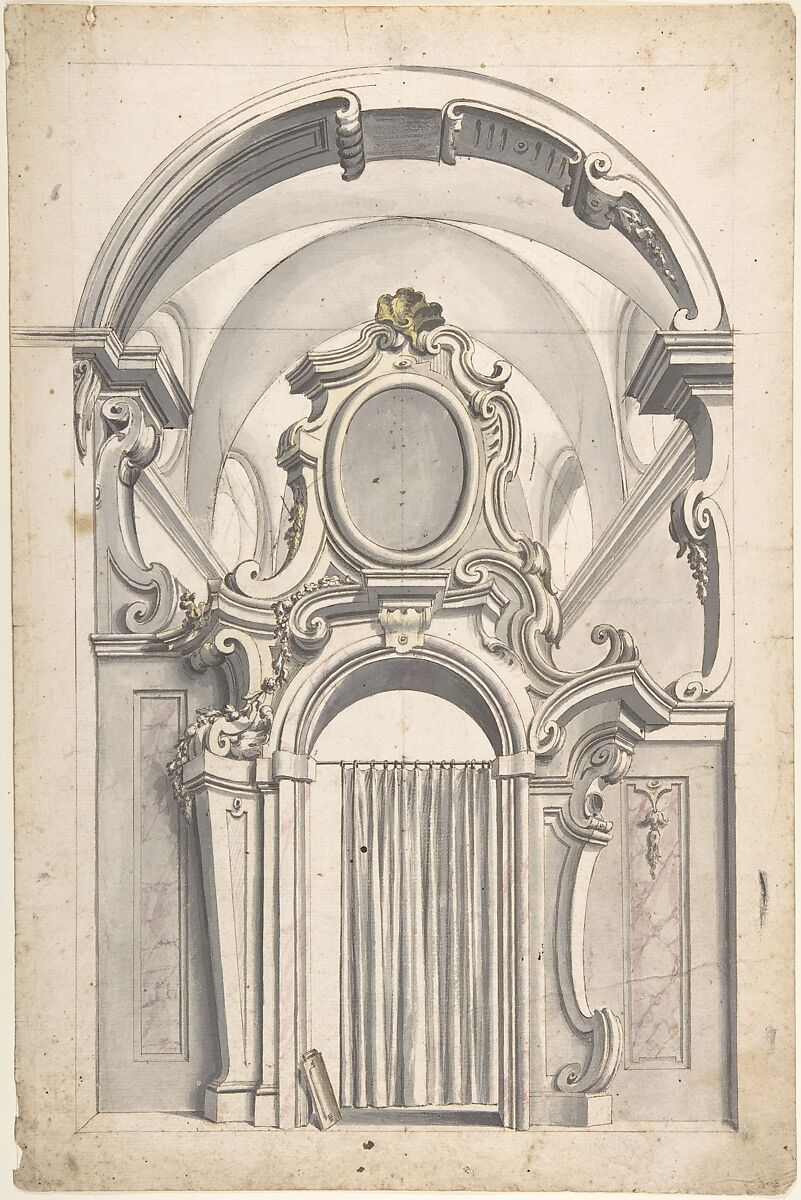 Design for an Elaborate Doorway with a Vaulted Ceiling Behind, and a Curtain Drawn Across the Opening, Anonymous, Italian, Piedmontese, 18th century, Pen and brown ink, brush with gray, mauve, and yellow wash, over ruled and compass constructions in lead point or graphite; framing lines in graphite or leadpoint 