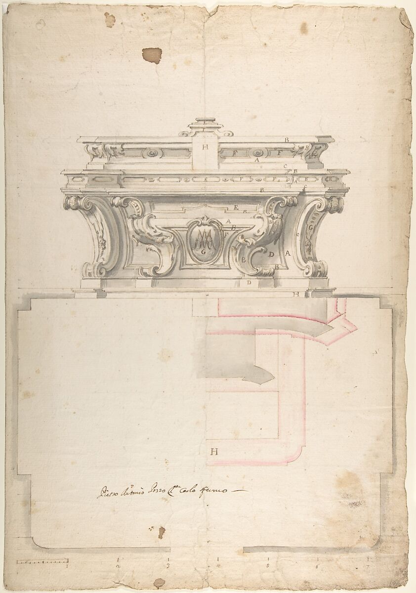 Elevation and Plan for an Altar, Anonymous, Italian, Piedmontese, 18th century, Pen and brown ink, brush with gray and pink (only at plan drawing) wash, over graphite (recto); scales at bottom in pen and brown ink over graphite 