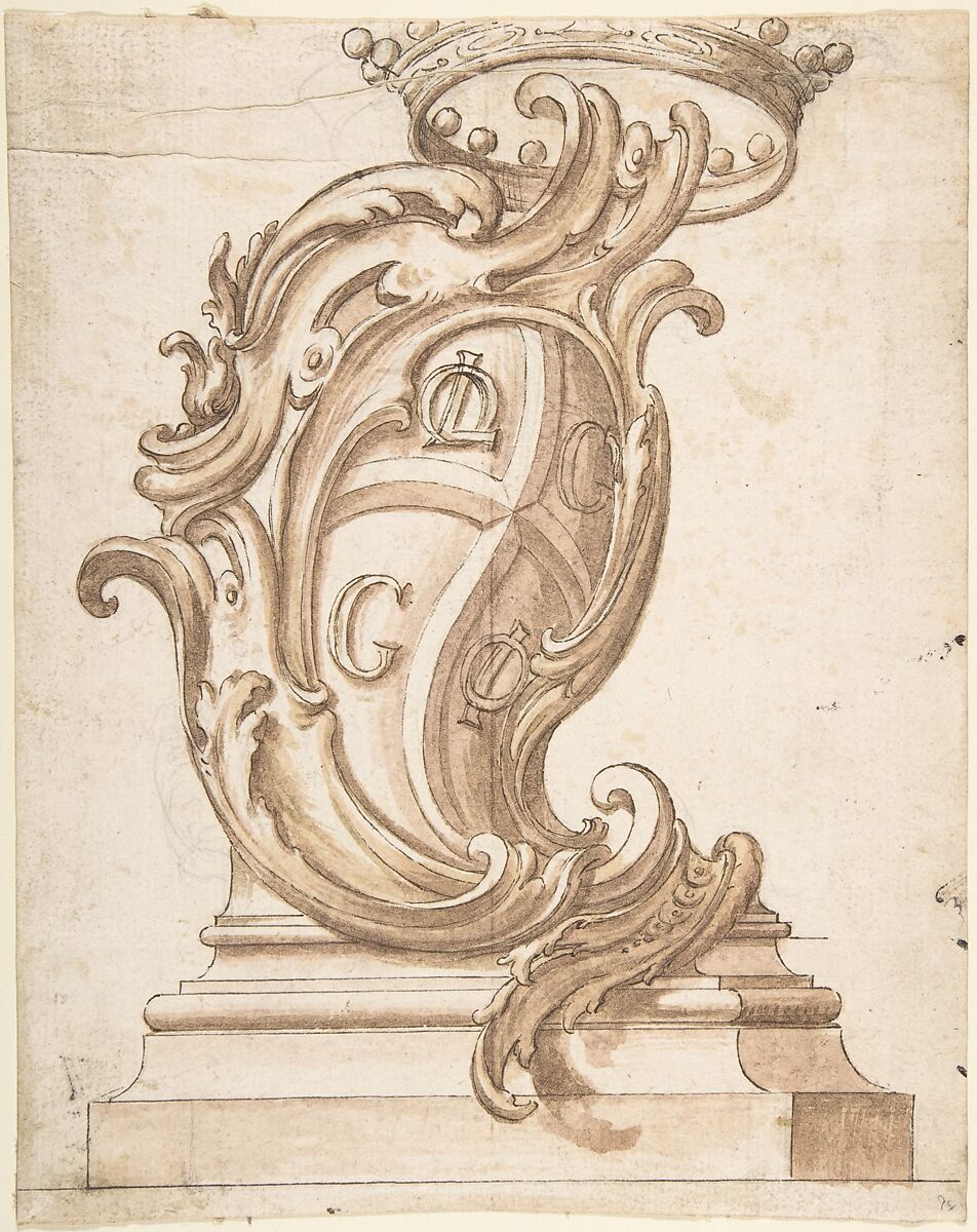 Design for a Cartouche on a Base, Surmounted by a Crown, with Arms with the Initials OL, G, G, and OI, Anonymous, Italian, Piedmontese, 18th century, Pen and brown ink, brush and two shades of brown wash, over leadpoint or graphite 