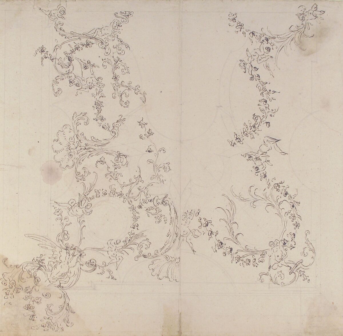 Design for a Ceiling Decoration with Putti and Garland Motifs, Attributed to Donato Giuseppe Frisoni (Italian, Laino, near Como 1683–1735 Ludwigsburg), Pen and brown ink, over graphite or leadpoint with ruled and compass construction