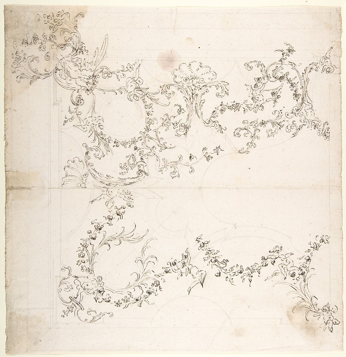 Design for a Ceiling Decoration with Putti and Garland Motifs., Attributed to Donato Giuseppe Frisoni (Italian, Laino near Como 1683–1735 Ludwigsburg), Pen and brown ink, over graphite or leadpoint with ruled and compass construction 