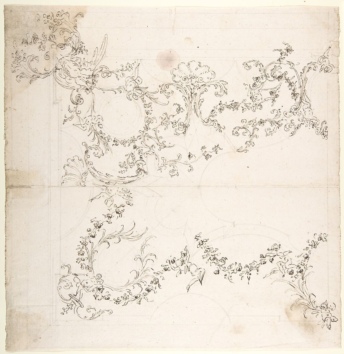 Design for a Ceiling Decoration with Putti and Garland Motifs, Attributed to Donato Giuseppe Frisoni (Italian, Laino near Como 1683–1735 Ludwigsburg), Pen and brown ink, over graphite or leadpoint with ruled and compass construction 