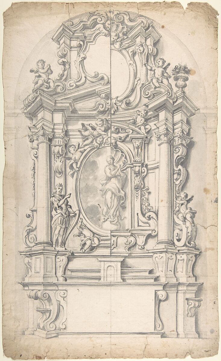 Halved Variant Designs for un Altar with the Virgin of the Immaculate Conception in the Central Cartouche, Anonymous, Italian, Piedmontese, 18th century, Pen and gray ink, brush and gray wash over graphite. Ruled and compass constructions in stylus-incised. (Partly reworked in pen and black ink.) 