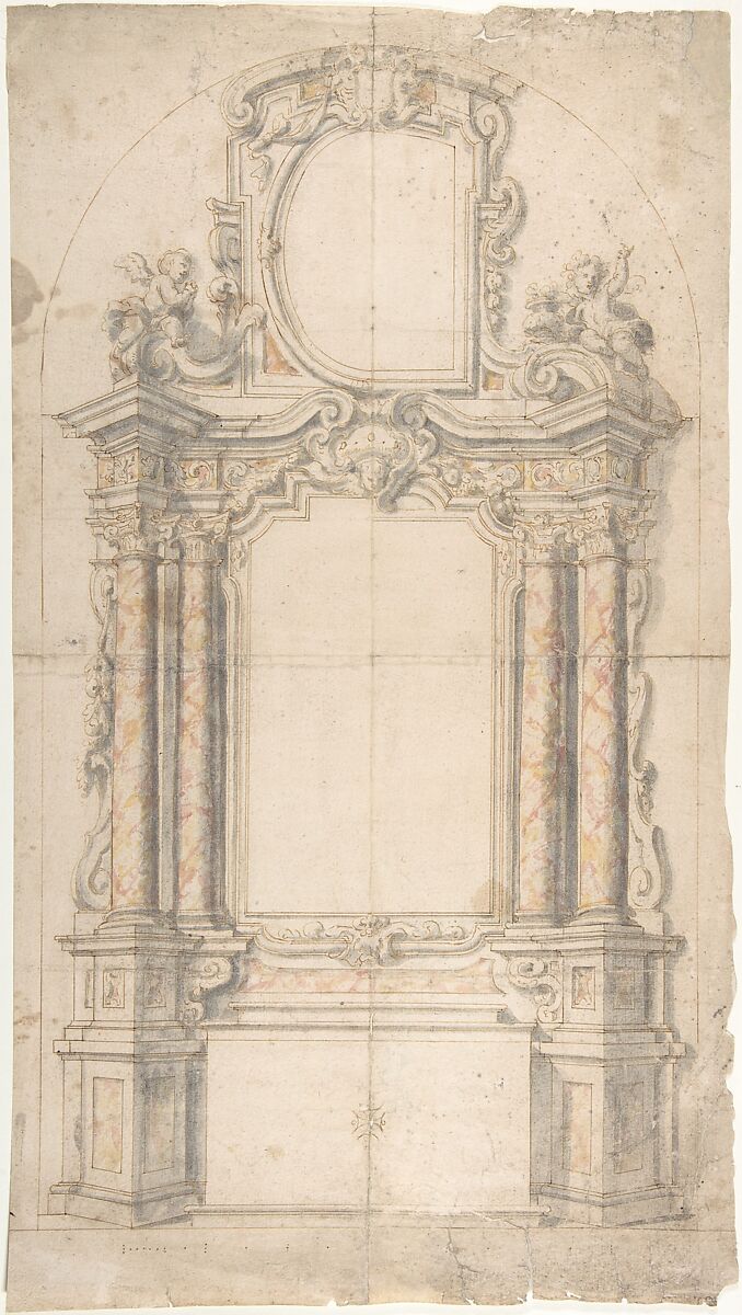 Design for an Altar: Two Halved Variants, Anonymous, Italian, Piedmontese, 18th century, Pen and brown ink, brush with gray, red chalk and yellow wash, over  leadpoint or graphite, with ruled and compass construction. Scale at bottom of drawing in pen and brown ink 