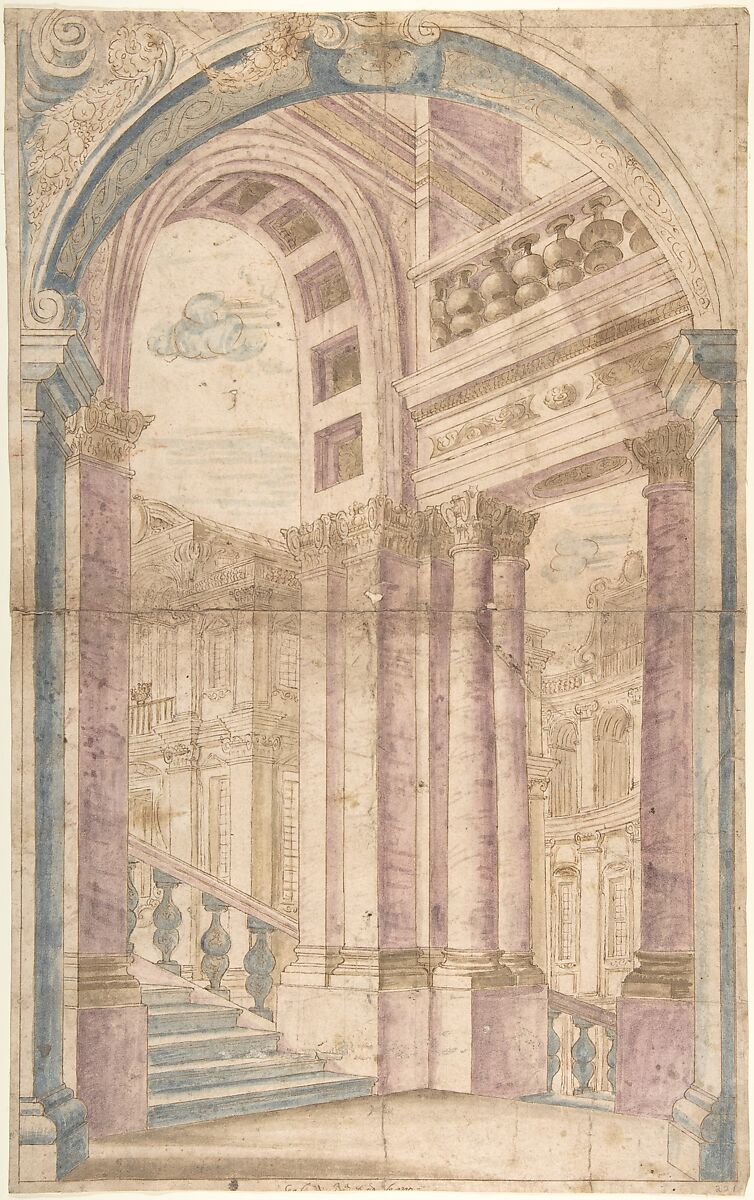 Design for a Painted Wall Decoration: Architectural Perspective Seen Through an Arch, Anonymous, Italian, Piedmontese, 18th century, Pen and brown ink, brush with watercolor. Framing lines in pen and brown ink. Traces of leadpoint or graphite 