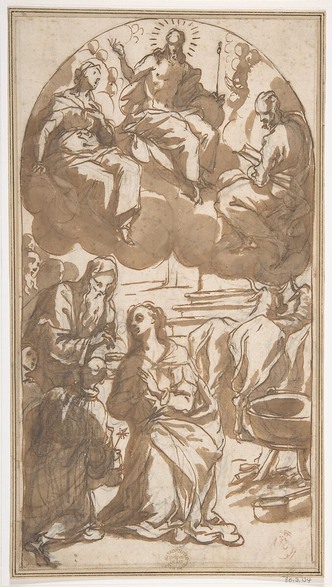 The Martyrdom of Saint Lucy (Her Last Communion before Being Dragged by Oxen), Giovanni Battista Maganza il Giovane (Italian, Calaone ca. 1509–1586 Vicenza), Pen and brown ink, brush and brown wash, over black chalk 