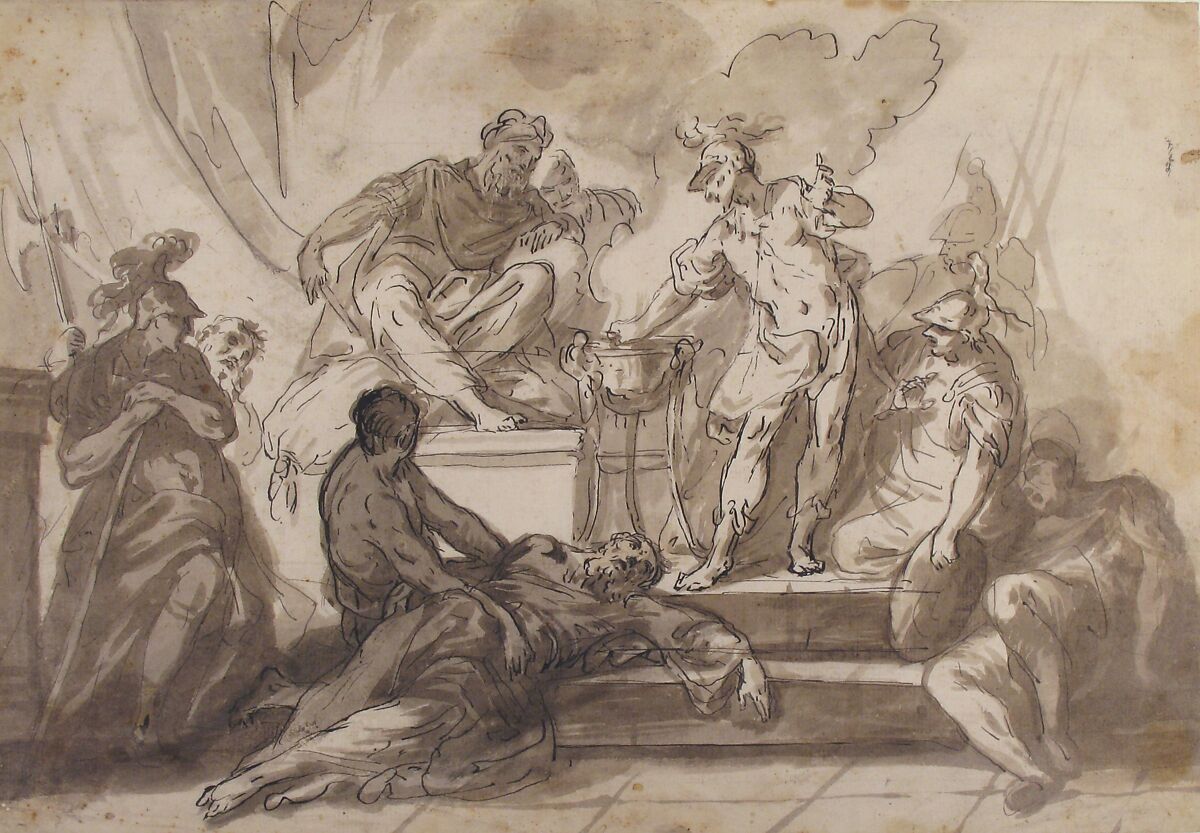 Gaius Mucius Scaevola Thrusting His Right Hand into Fire, Marco Marcola (Italian, Verona ca. 1740–1793 Verona), Pen and black ink, brush and gray-brown wash