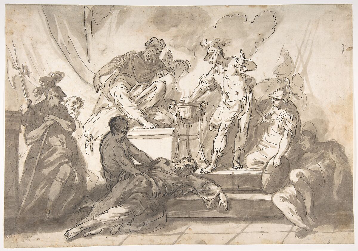 Gaius Mucius Scaevola Thrusting His Right Hand into Fire, Marco Marcola (Italian, Verona ca. 1740–1793 Verona), Pen and black ink, brush and gray-brown wash 