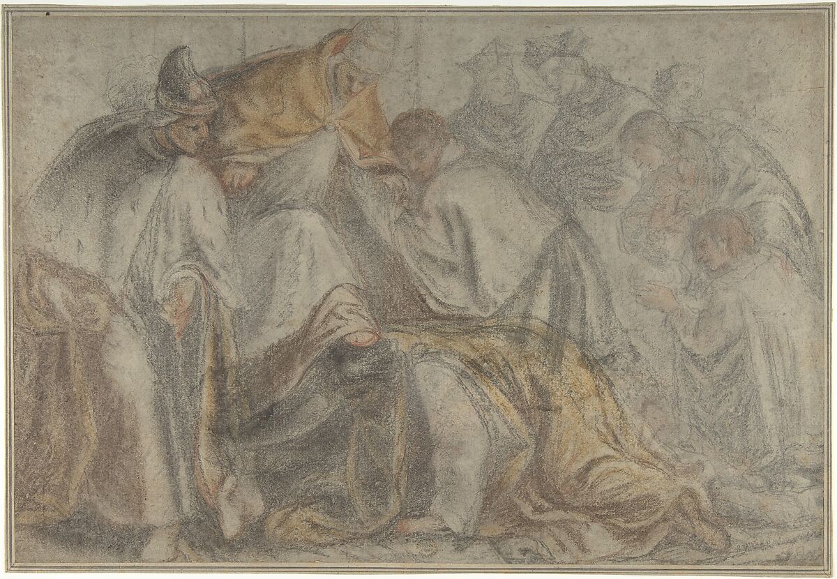 The Emperor Frederick Barbarossa Submitting to Pope Alexander III in the Presence of a Doge, Pietro Malombra (Italian, Venice 1556–1618 Venice), Black, gray, red, brown, and yellow chalk, on faded blue paper 