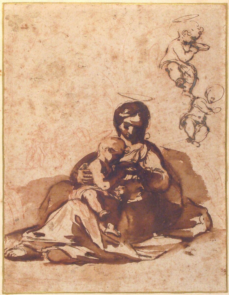 Studies for a Rest on the Flight into Egypt, Rutilio Manetti (Italian, Siena 1570–1639 Siena), Pen and brown ink, brush and brown wash, over red chalk (the faint sketch of Saint Joseph and the donkey at left background is entirely in red chalk)