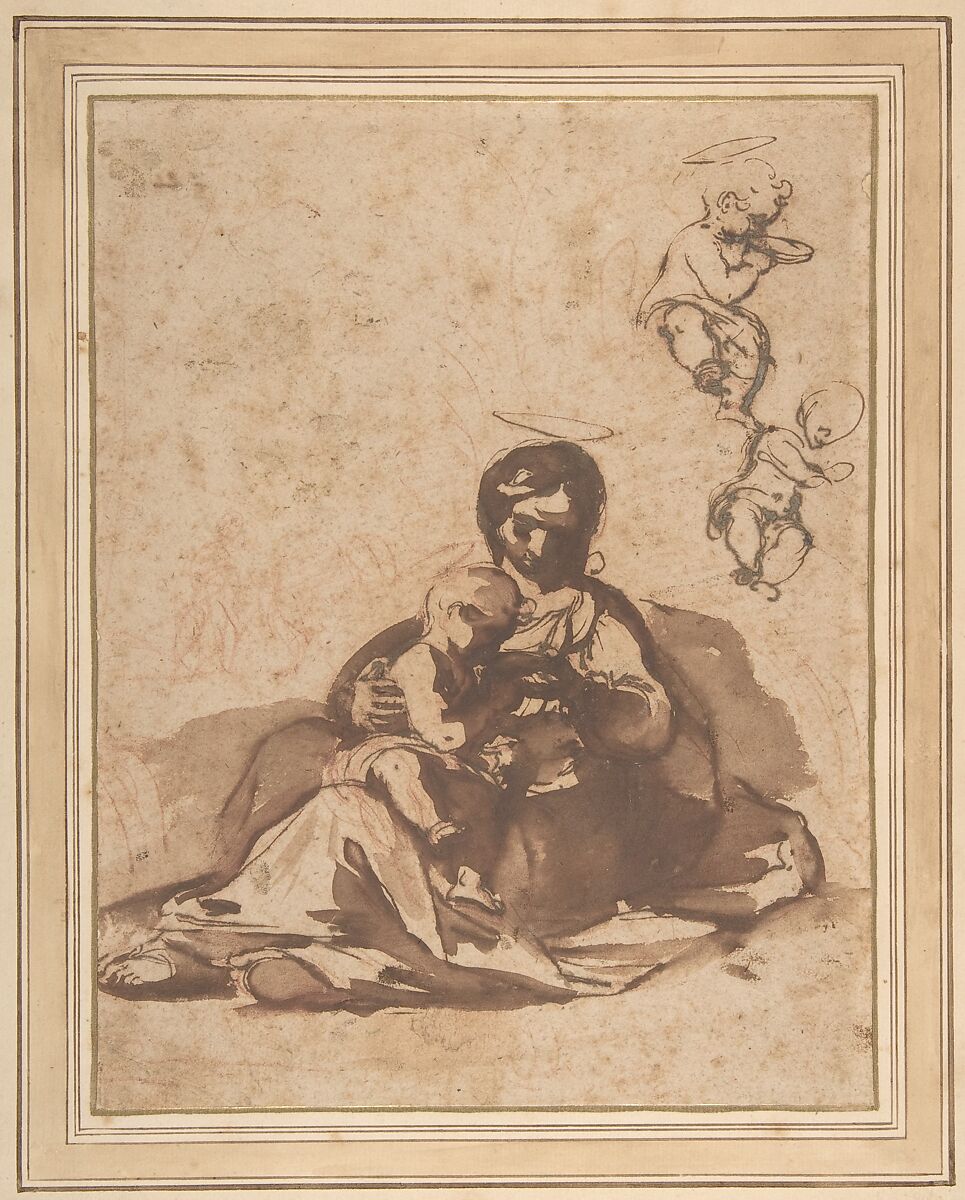 Studies for a Rest on the Flight into Egypt, Rutilio Manetti (Italian, Siena 1570–1639 Siena), Pen and brown ink, brush and brown wash, over red chalk (the faint sketch of Saint Joseph and the donkey at left background is entirely in red chalk) 