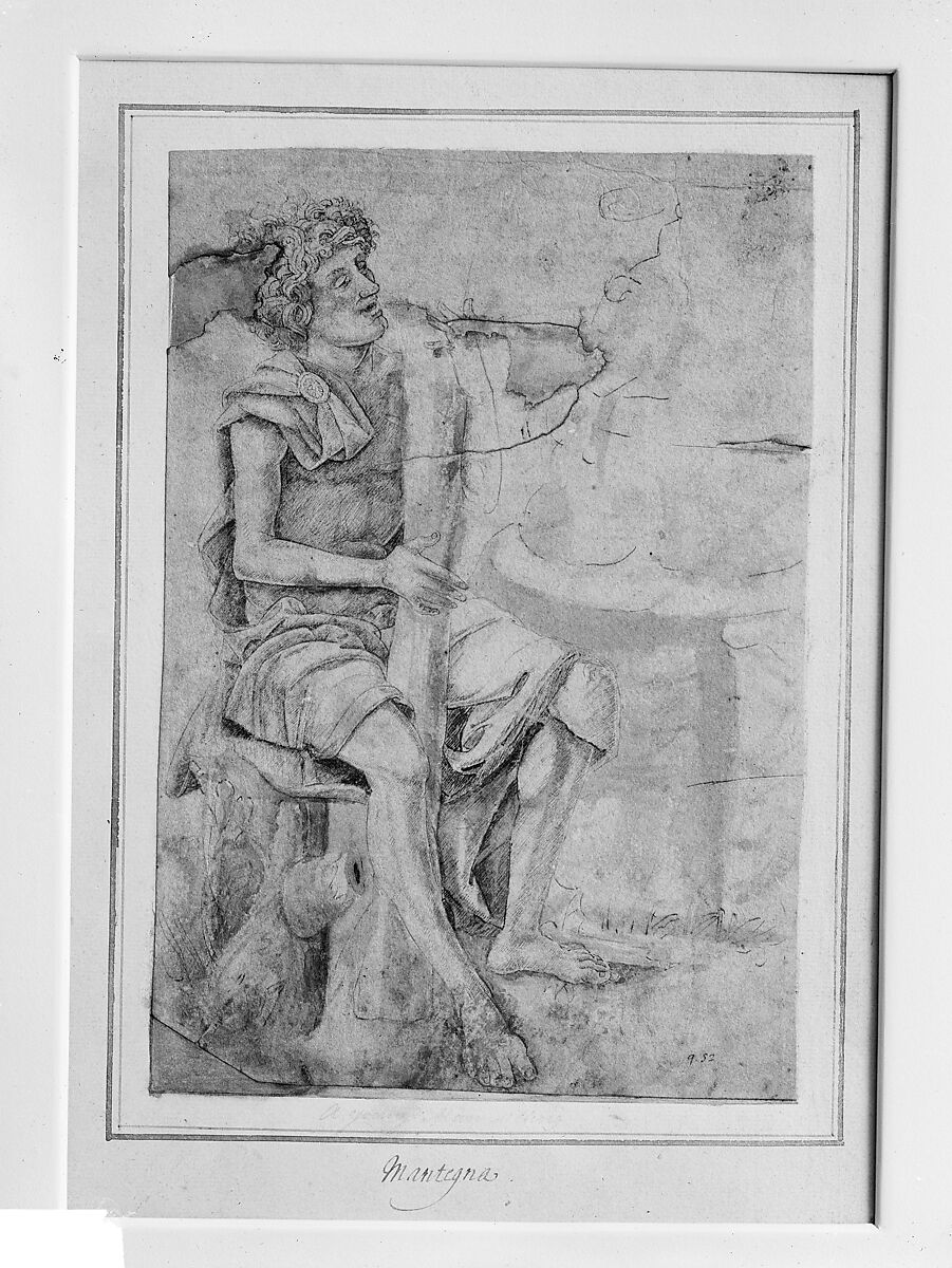 Seated Man Holding a Club or Other Implement (recto); Two Heads of Grotesque Men in Profile (verso), Circle of Andrea Mantegna (Italian, Isola di Carturo 1430/31–1506 Mantua), Pen and brown ink, brush and brown wash (recto); pen and brown ink (verso)