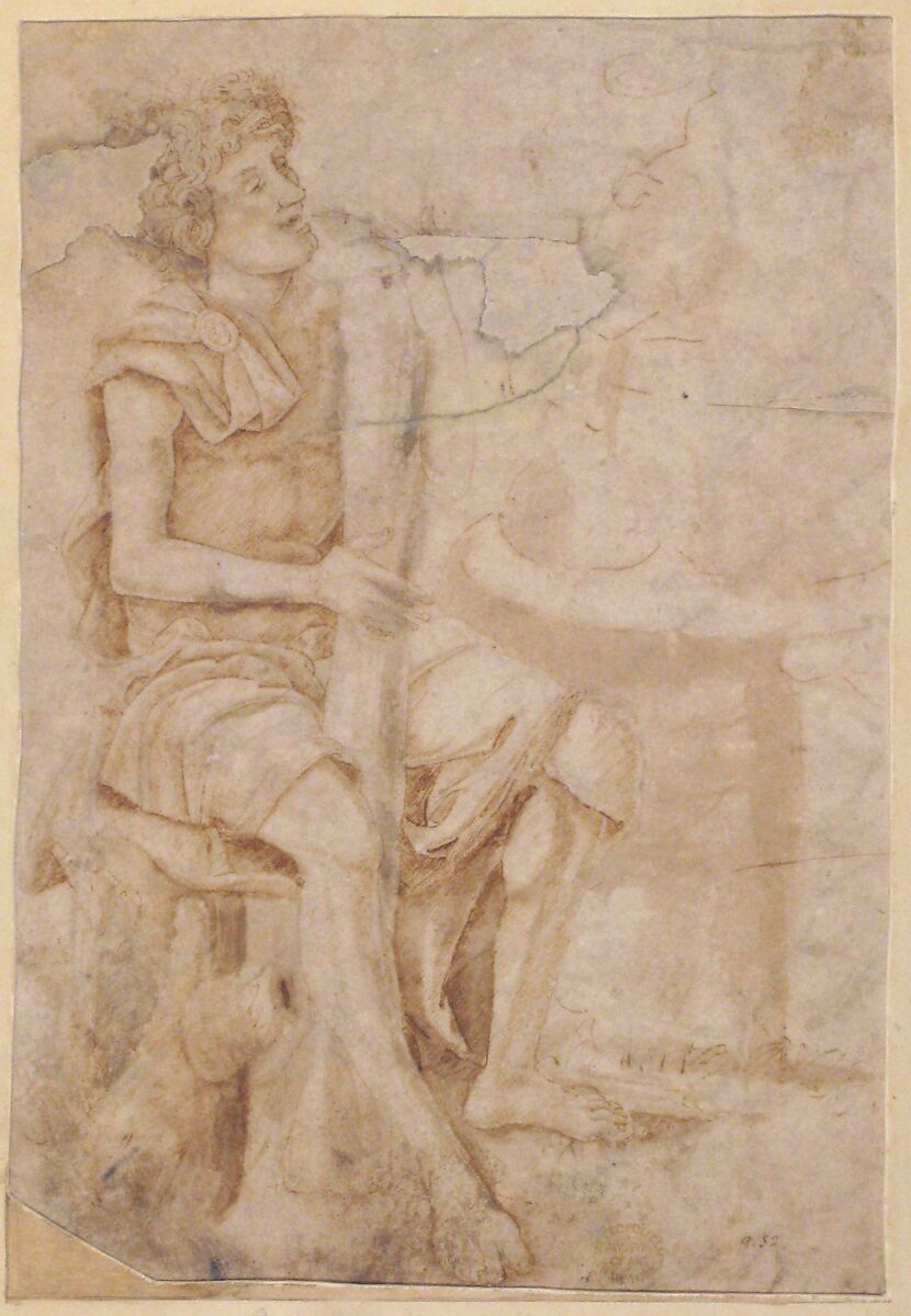 Seated Man Holding a Club or Other Implement (recto); Two Heads of Grotesque Men in Profile (verso), Circle of Andrea Mantegna (Italian, Isola di Carturo 1430/31–1506 Mantua), Pen and brown ink, brush and brown wash (recto); pen and brown ink (verso)