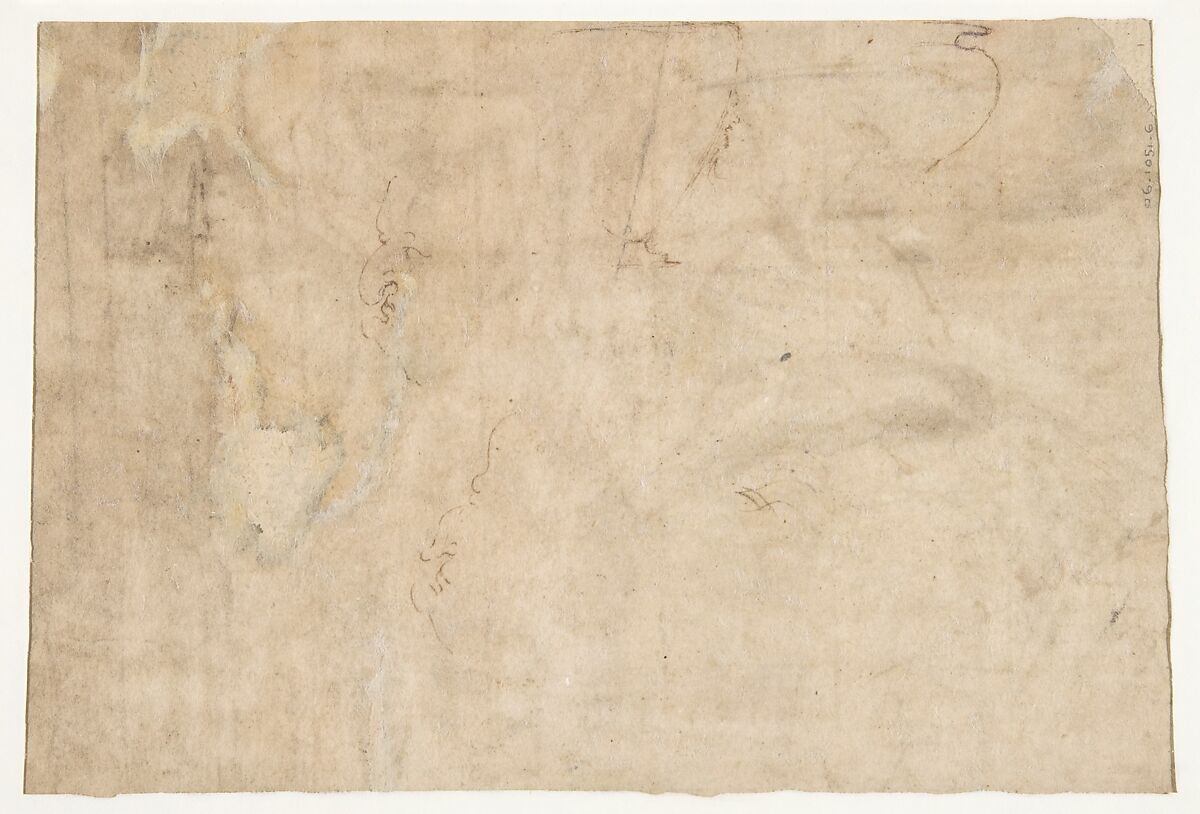Seated Man Holding a Club or Other Implement (recto); Two Heads of Grotesque Men in Profile (verso), Circle of Andrea Mantegna (Italian, Isola di Carturo 1430/31–1506 Mantua), Pen and brown ink, brush and brown wash (recto); pen and brown ink (verso)