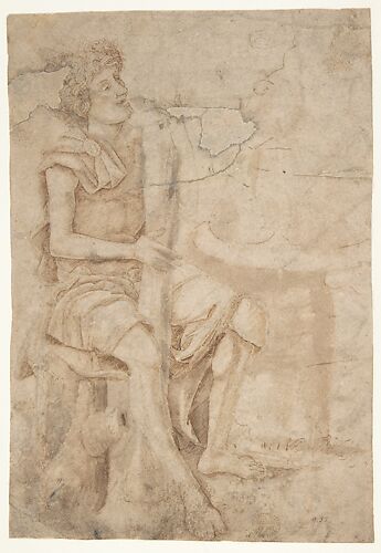 Seated Man Holding a Club or Other Implement (recto); Two Heads of Grotesque Men in Profile (verso)