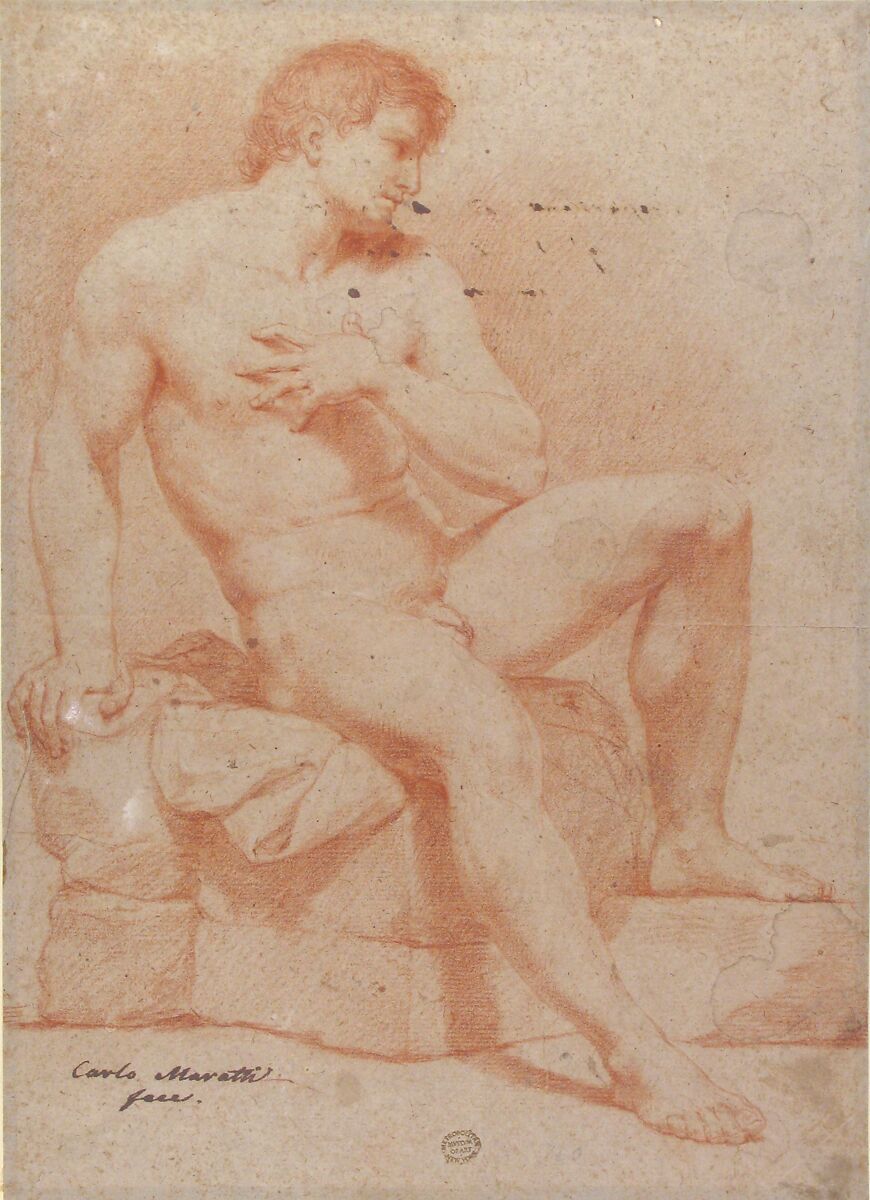 Nude Male Figure, Ascribed to Carlo Maratti (Italian, Camerano 1625–1713 Rome), Red chalk on paper faded gray (originally blue-gray ?)